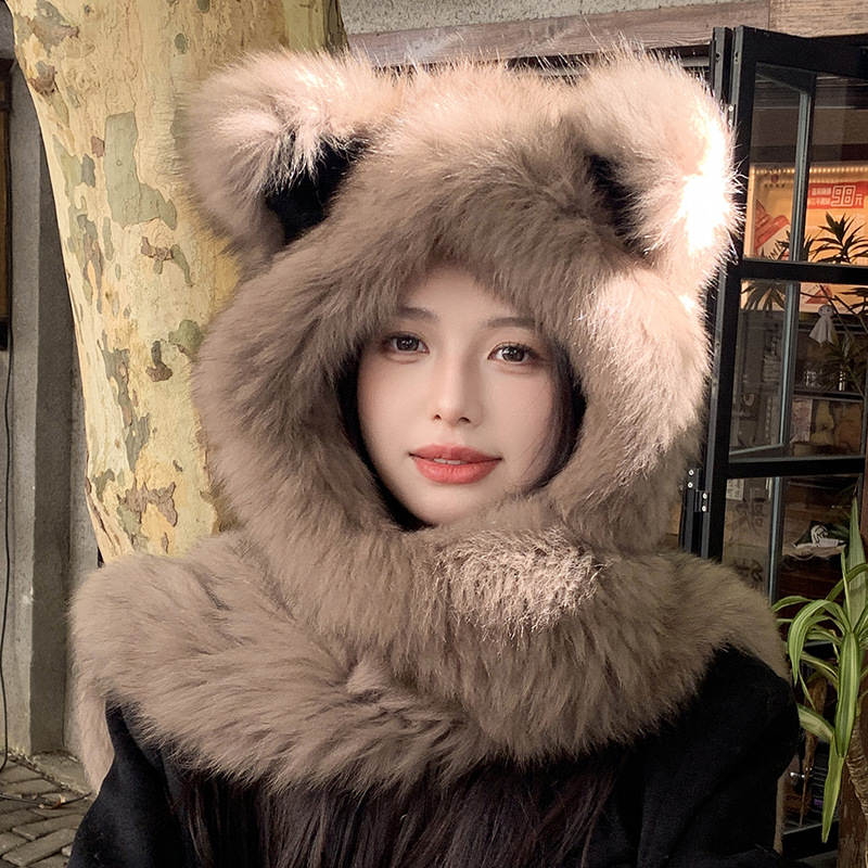 猫耳朵狐狸毛围巾一体风雪帽女两用皮草帽子加厚保暖围脖连帽