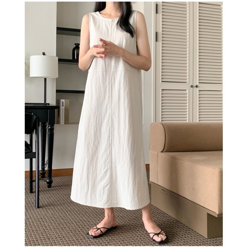 Korean chic retro round neck bright line backless design loose long vest cotton linen dress for women