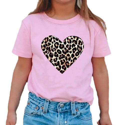 Cross-border foreign trade INS girl leopard print heart pattern girl crew neck T-shirt children casual summer wear suitable for 1-8 years old
