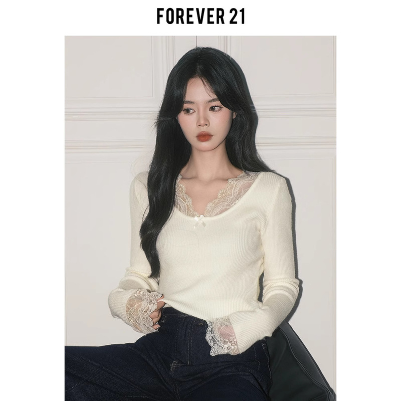 Forever21 Pure Desire Apricot Lace Patchwork V Neck Top Women's Autumn and Winter French Bottoming Long Sleeve Slim Sweater