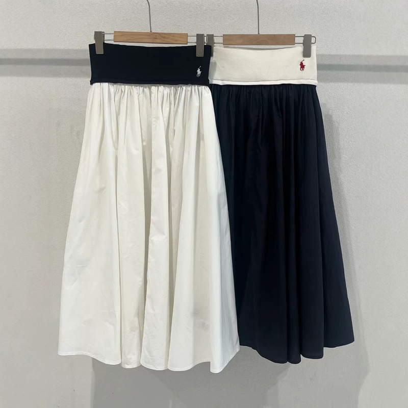 Original Brand Ralph/Spring/Summer Long Skirt with Warhorse Embroidery, Large Hem A-Line Holiday Style Skirt for Women