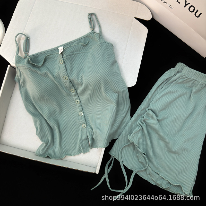 Summer Pure Cotton Camisole Pajamas for Women with Chest Pads, Sweet and Sexy Ins-Style Ribbed Loungewear Two-Piece Set