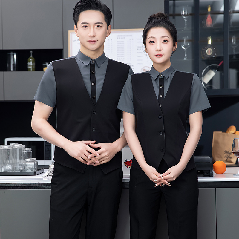 Ktv Service Work Clothes Fake Two-Piece Short-Sleeved Men's and Women's Hotel Front Desk Vests Western Restaurant Bar Bartender Work Clothes