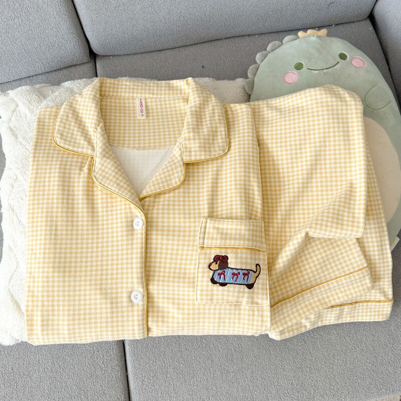 Plaid Dachshund Dog Velvet Pajamas Women's Spring Autumn Winter Velvet Thickened Coral Velvet Cardigan Island Velvet Home Clothes