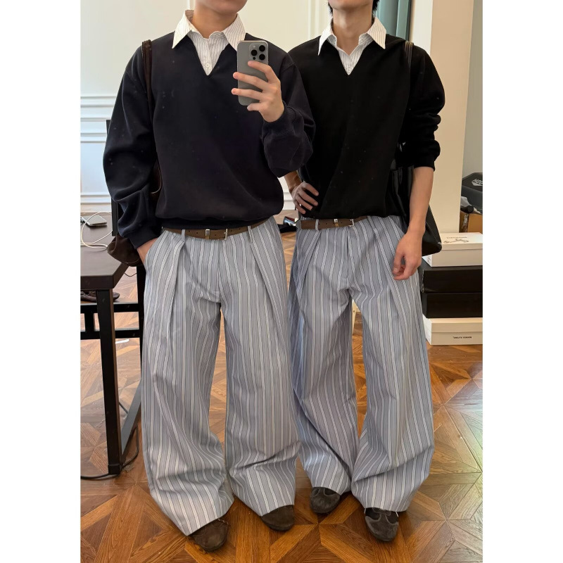 Light Blue Retro Stripesd Pleated A-Line Wide-Leg Pants Men's Work Clothing Versatile Casual Cleanfit Casual Pants