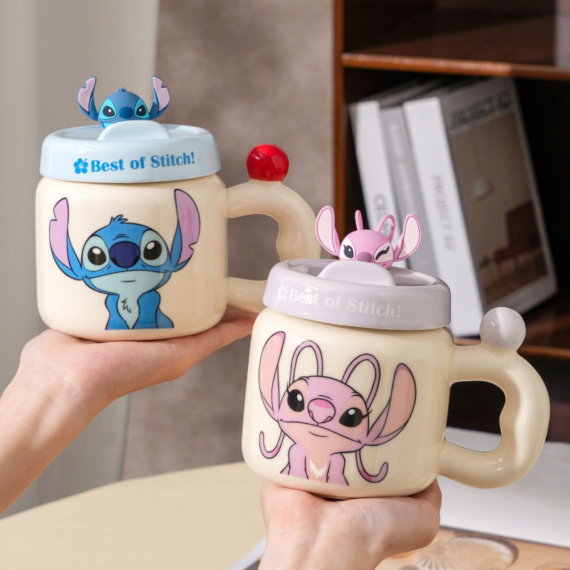 Auténtica licencia Stitch tazas de cerámica con tapa, tazas de cerámica con tapa, copas de agua de fiesta de la diosa, tazas domésticas de dormitorio