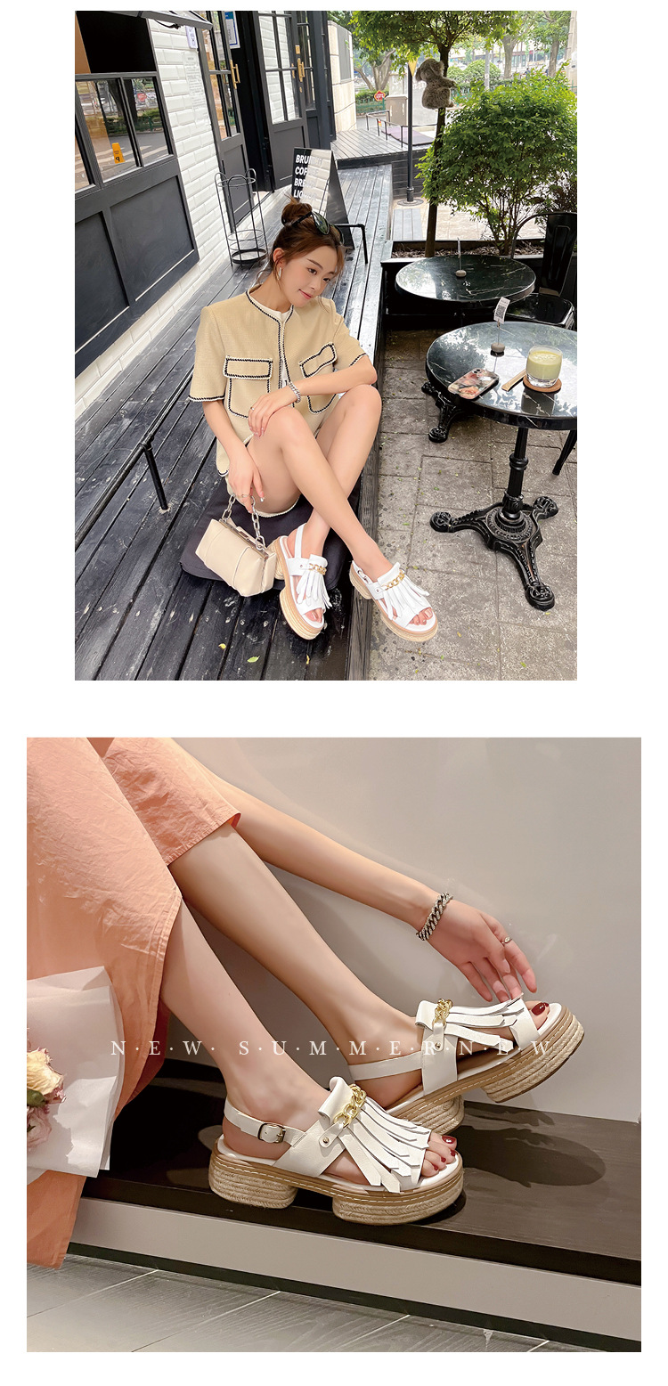 Sandal nữ đế thấp mũi hở quai tua rua đế cói phối dây xích kim loại — màu trắng, bạc chi tiết 7