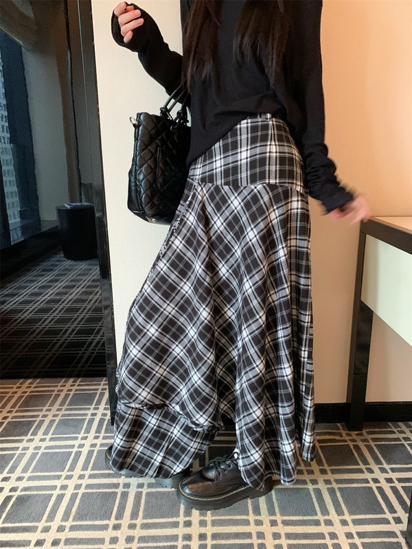 2025新款温柔风复古格子高腰半身裙女装秋季显瘦不规则垂感中长裙|undefined