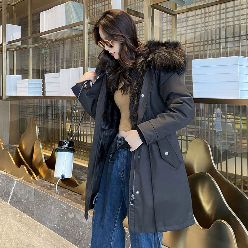 В наличии Зимняя одежда Parker из искусственного лисьего меха с внутренней подкладкой Съемное Женское пальто средней длины Утепленное теплое пальто больших размеров