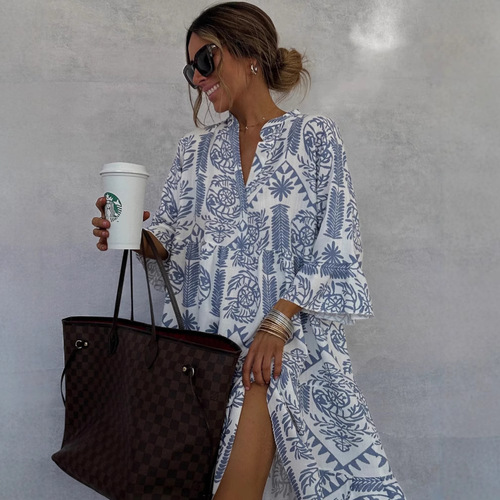 2025 Independent Station Dress, Instagram Style Casual Print Seven-Sleeve Shirt Dress for Women