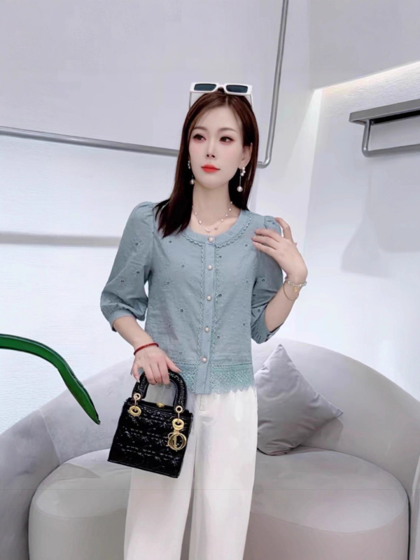 韩版时尚蕾丝边刺绣衬衫女秋季新款洋气外贸提花小衫遮肉中袖上衣|undefined