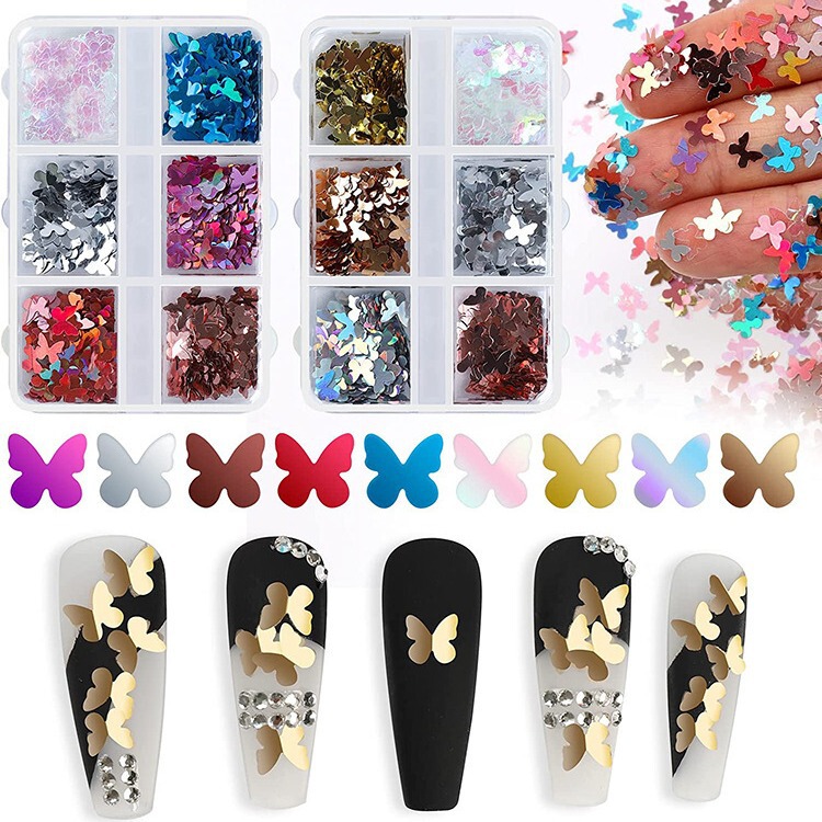 Nail art jewelry 12 kinds 3D holographic butterfly creative nail decals 5mm Magic Color Butterfly Nail supplies in stock