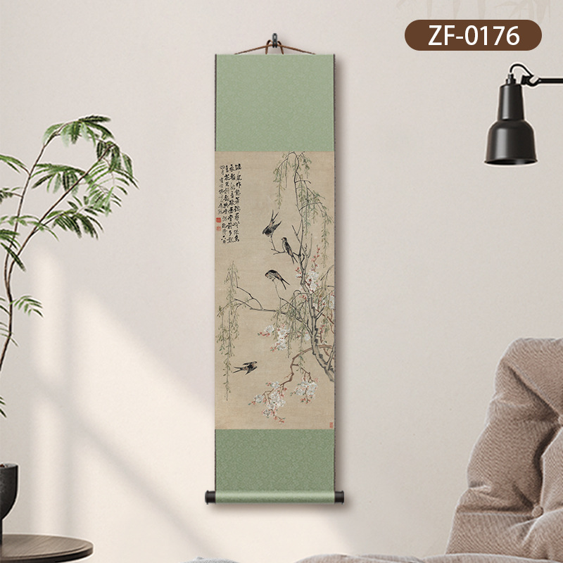 ZF-0176 청나라 이젠 복숭아꽃 버드나무 제비 그림