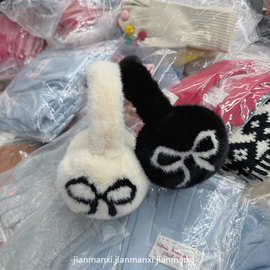 韩系蝴蝶结白色毛绒耳罩女2024新款冬季毛茸茸保暖骑行耳包耳捂子