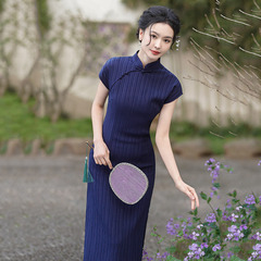 藍色條紋民國長款日常改良旗袍2024新款年輕款女復古修身平時可穿