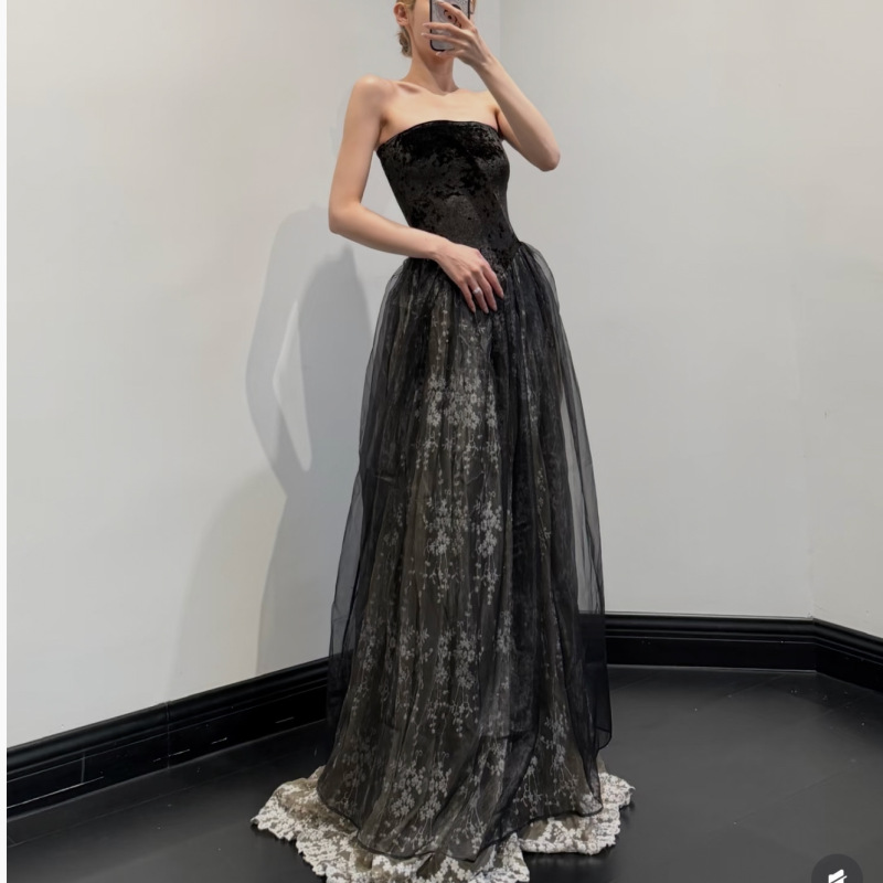 26 Autumn/Winter/Vintage strapless pleated tube top lace patchwork A-line maxi dress gown