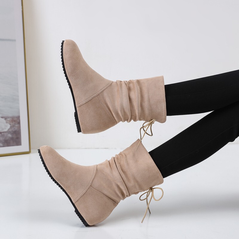 Autumn 2024 New Korean Style Pleated Back Lace Suede Women's Boots Round Toe plus size Flat Mid-Sole Boots Fashion Boots for Women