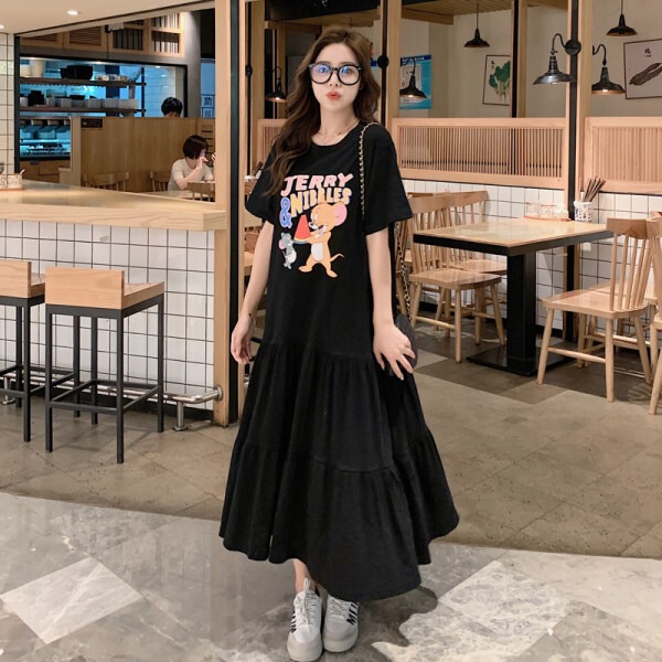 Plus Size Women's Clothing 2022 Summer New Cute Cartoon Splicing Dress Short-Sleeved Mid-Length Loose Slimming Look Skirt