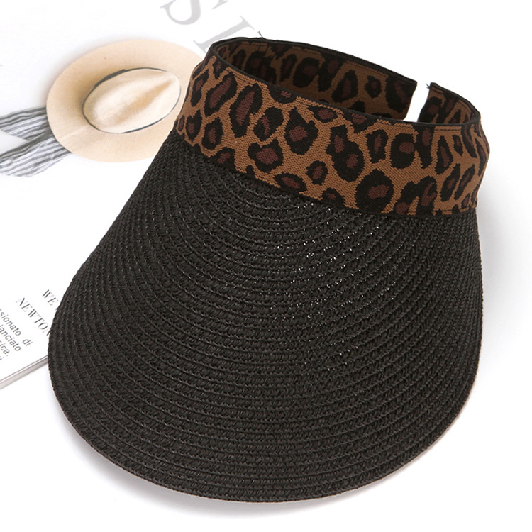Women's Leopard Print Straw Visor Hat Wide Brim Summer Sun Hat_voghion.com