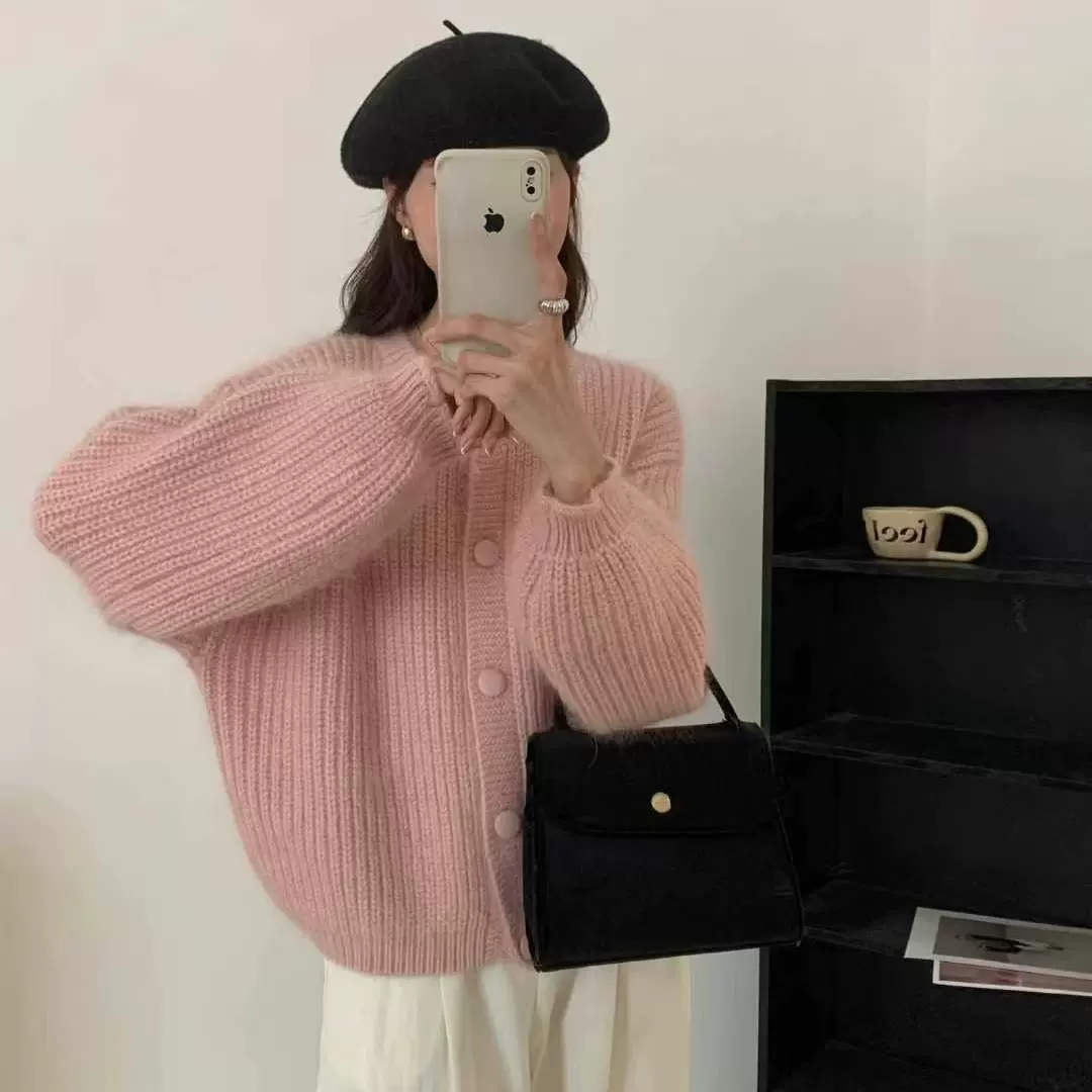 韩版纯色简约百搭秋冬软糯针织开衫上衣防水貂绒厚短款毛衣外套女