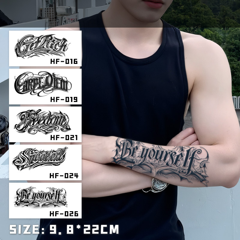 Adhesivos de tatuajes a base de hierbas con letras para hombres, impermeables y de larga duración, sin reflejos, tatuajes semipermanentes, personajes de flores, brazos y hombros femeninos