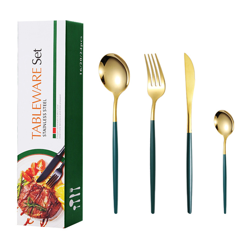 Vajilla de acero inoxidable transfronterizo Amazon 16 piezas conjunto tenedor y cuchara comida occidental Portugal cuatro piezas conjunto cuchillo, tenedor y cuchara traje regalo