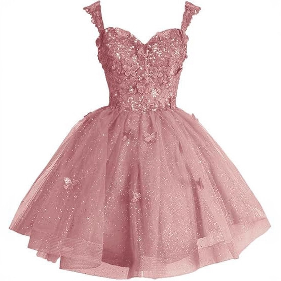 Off-shoulder glitter tulle evening dress with straps, 3D butterfly short prom dress, sequined adult ceremony dress for summer Off-shoulder glitter tulle evening dress with straps, 3D butterfly short prom dress, sequined adult ceremony dress for summer