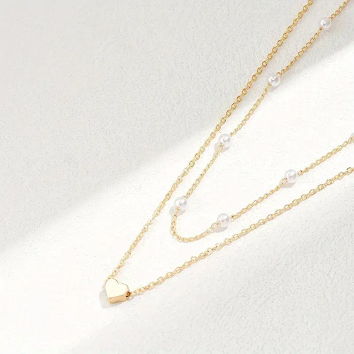 Cross-border Bestselling Imitation Pearl Chain Heart Pendant Double Layer Necklace for Women, Simple Elegance Multi-Layer Necklace Accessory Wholesale