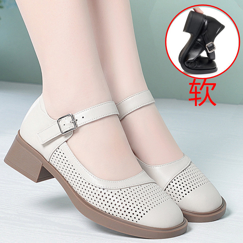 Sandal nữ quai chữ V đơn giản, đế thấp, da thật, hở mũi, chống trượt — Đen【kiểu xuyên thấu】