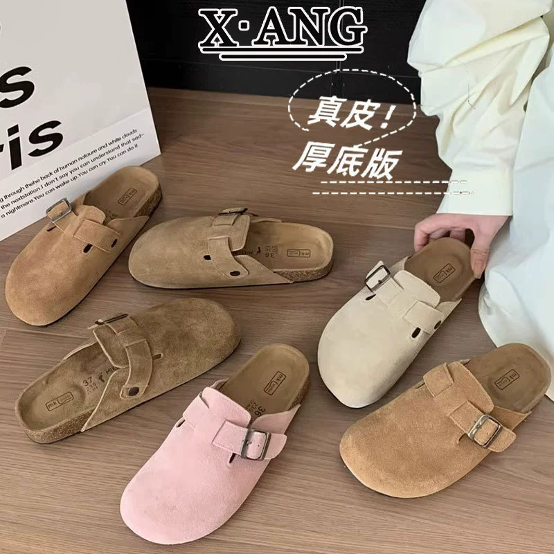Полностью кожаная обувь Birkenstock с пробковой подошвой, носок обуви, полуслепон, для женщин, носить весной и летом 2025, новые стиль ленивые тапочки