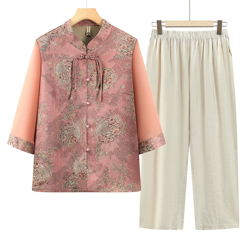 Бабушка Летний рукав Набор среднего и пожилого возраста Летняя рубашка женская мама новый набор из двух частей пожилой леди одежда