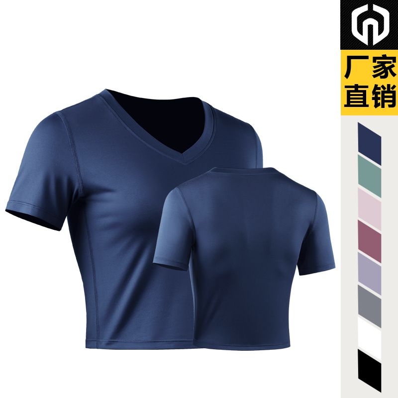 Ropa de entrenamiento de yoga traje deportivo Camiseta ajustada de manga corta para mujer Top casual con cuello en V Camiseta de manga corta ombligo expuesto