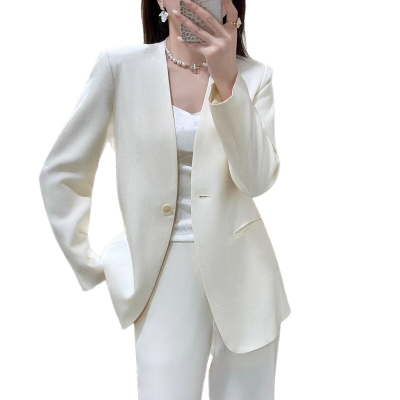 醋酸麻西装外套女秋季薄款气质通勤一粒扣修身显瘦V领单层西服女|undefined