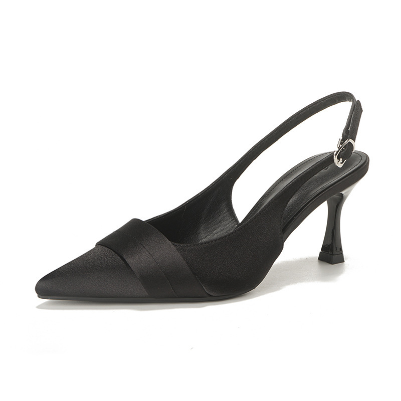 Elegant Satin Heels New French Style Shallow Mouth Dress Shoes Pointed Toe Open Back High Heel Sandals For Women_vogvips.com