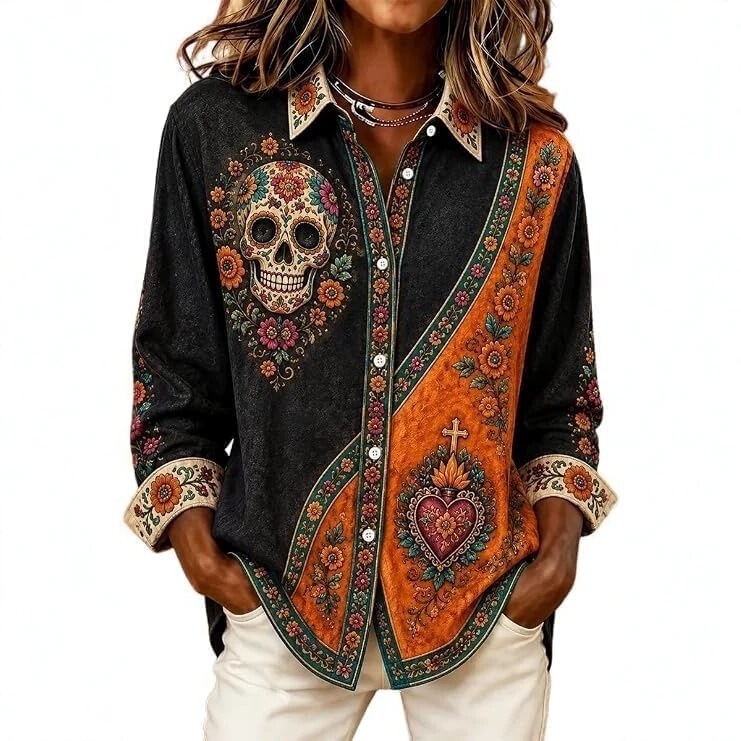 2026 Cross-border e-commerce Amazon independent store summer women's unique skull and floral print long-sleeve shirt 2026 Cross-border e-commerce Amazon independent store summer women's unique skull and floral print long-sleeve shirt
