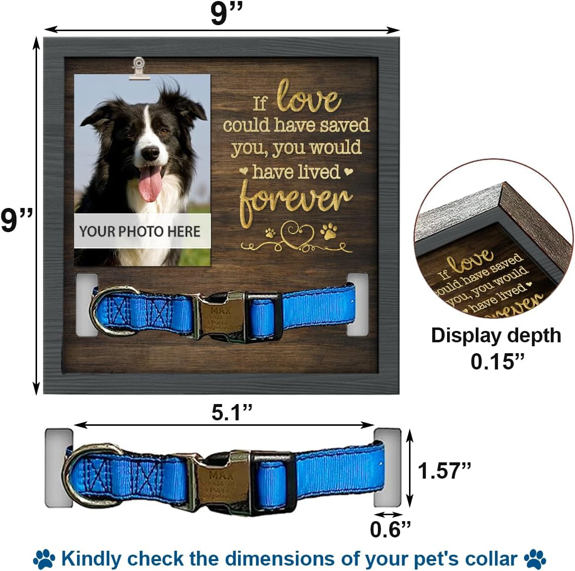El marco de fotos conmemorativo para mascotas creativo de madera puede contener collar mesa tridimensional marco de fotos para mascotas mascota de madera perdida
