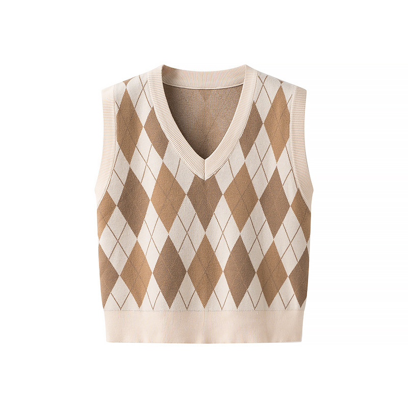 Vintage Diamond Plaid Vest Women's 2024 Autumn New V-Neck Short Knitted Top Loose Ware Outer Wear Fashionable