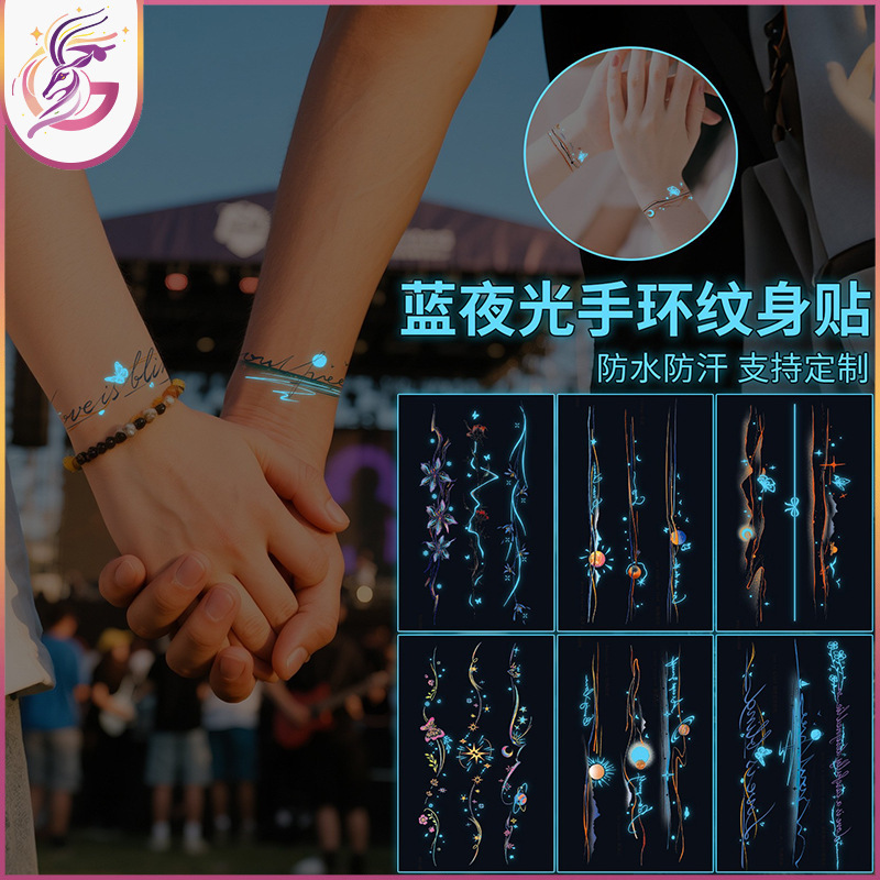 New Bestie Couple Planet Flower Bracelet Personalized Tattoo Stickers That Glow Blue Luminous Tattoo Stickers