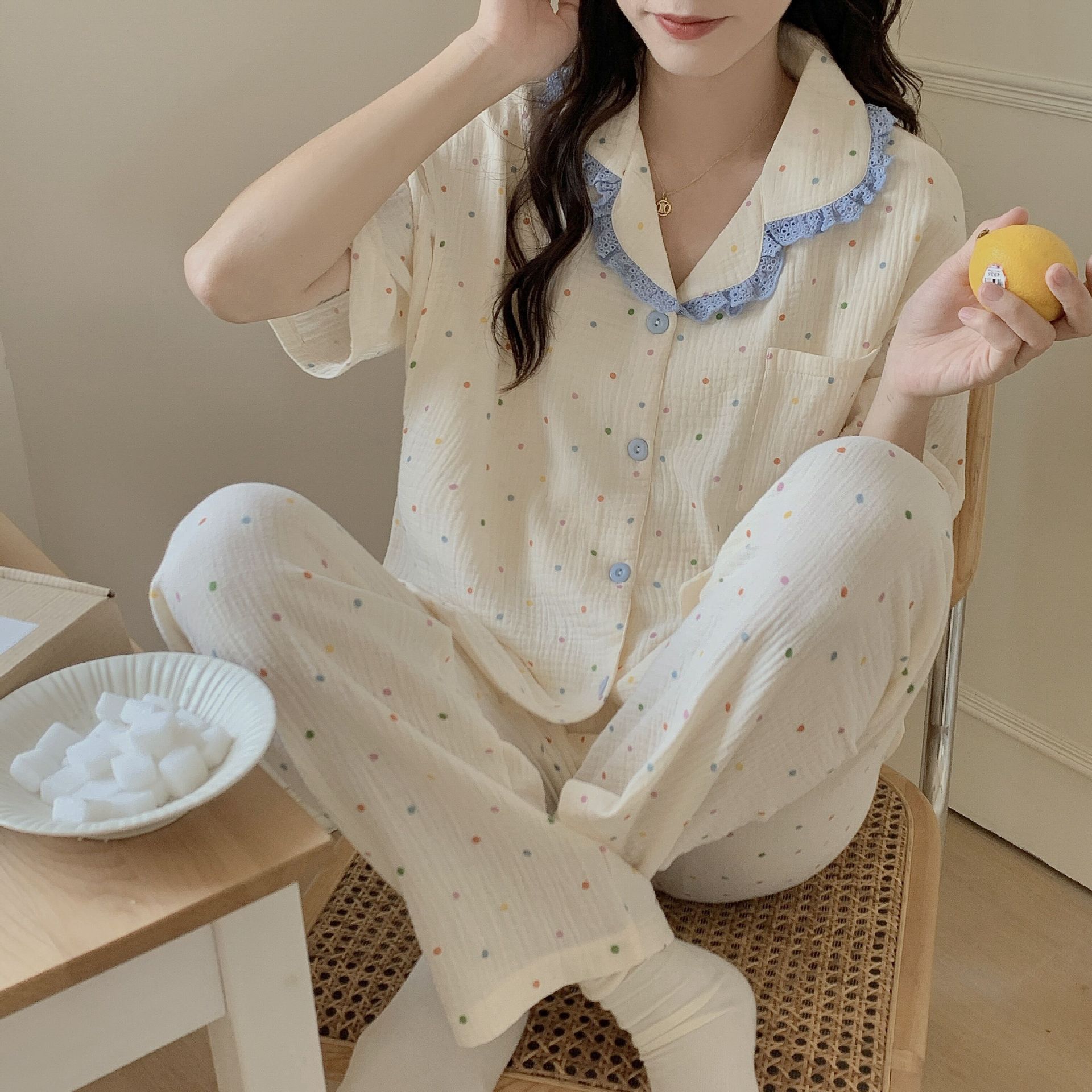 2024 새로운 반팔 바지 면 더블 레이어 거즈 착용 없는 브래지어 임산부 퓨루 달콤한 귀여운 만화 세트