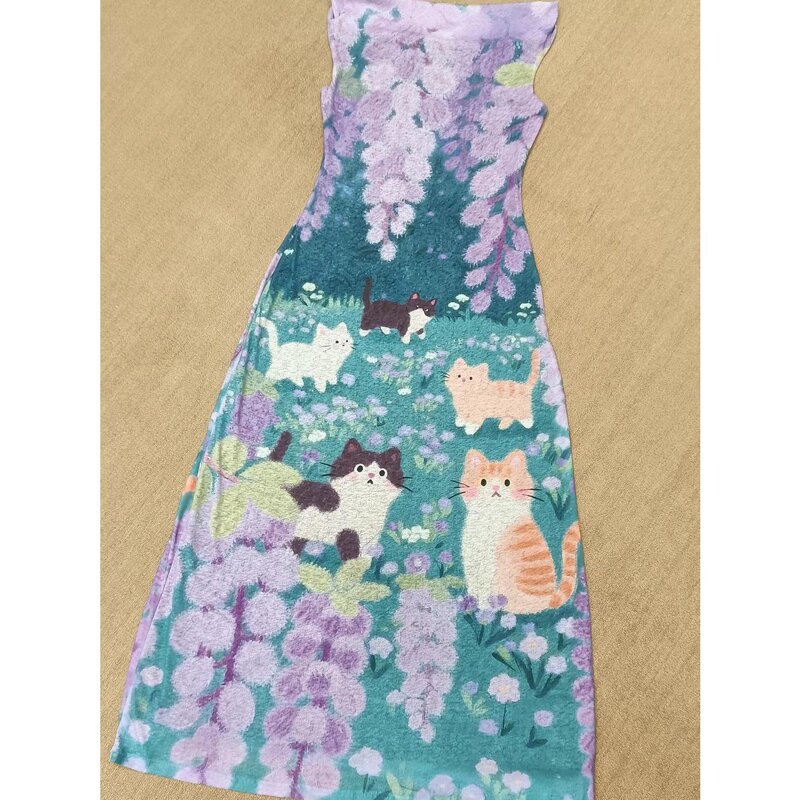 Japanese-style fresh and sweet retro niche cute wisteria floral cat print off-shoulder swing collar slim-fit dress Japanese-style fresh and sweet retro niche cute wisteria floral cat print off-shoulder swing collar slim-fit dress