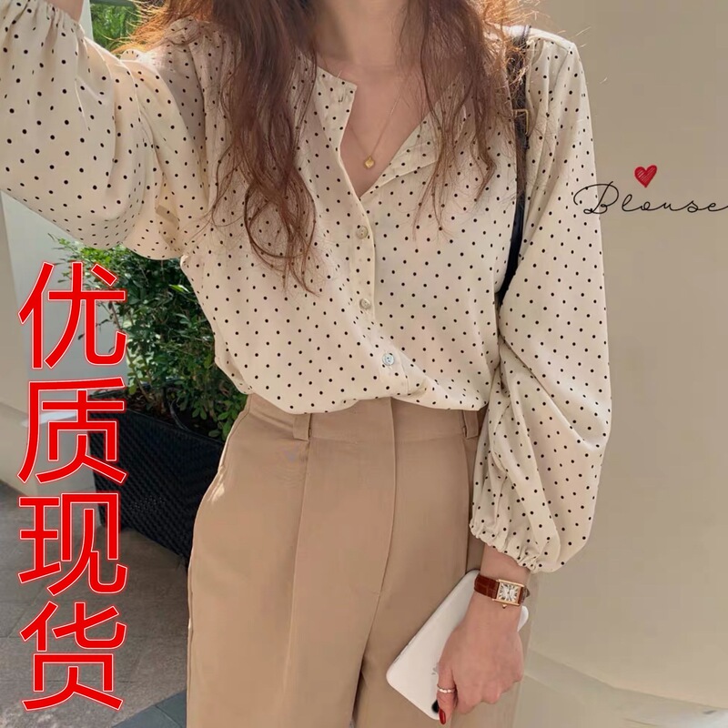 东大门跨境秋季新款韩版简约休闲百搭高级感波点衬衫女式上衣|undefined