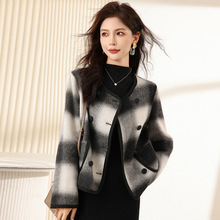 黑白格子双面呢大衣女2025春秋新款高定轻奢小香范羊毛呢外套短款