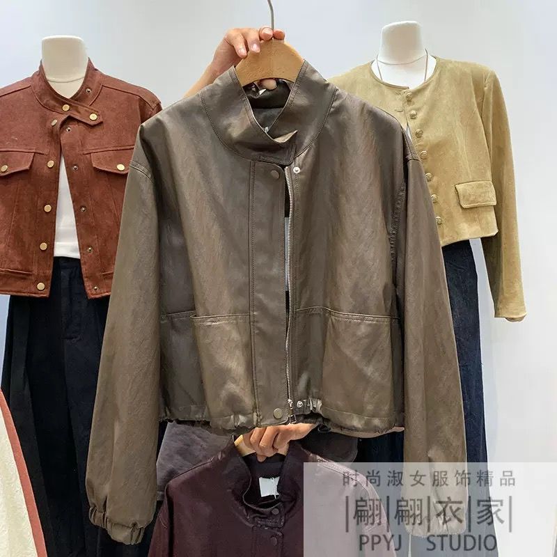 韩系立领加绒毛内胆皮衣外套女冬帅气抽绳收腰机车服加厚保暖夹克|undefined