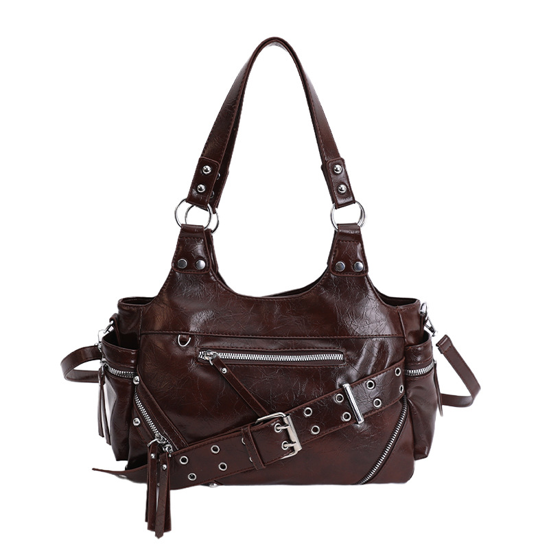 Bolsa de motocicleta de chicas calientes transfronterizas para mujeres 2025 nuevo retro cuero de cera de aceite de hombro bolso de brazo bolso de mano casual