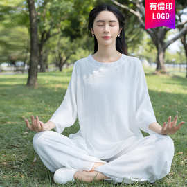 2024民族风新款棉麻禅服套装圆领中袖上衣晨练太极服批发白色粉色