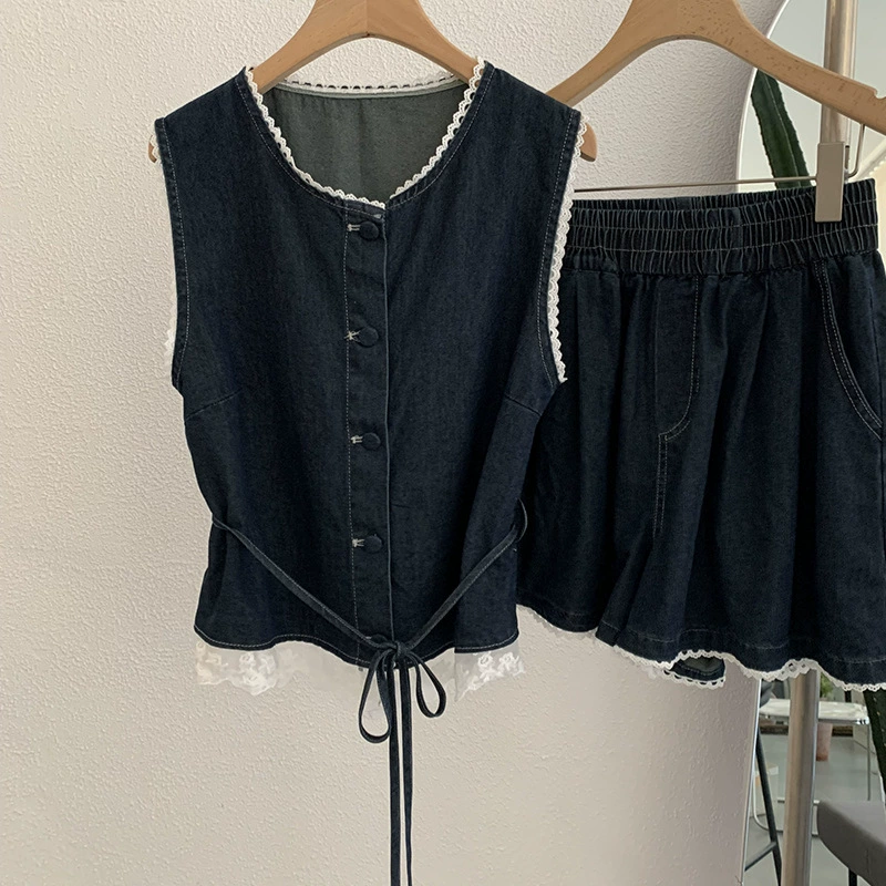 Кружевной набор Denim без рукавов, кружевное платье, высокая талия
