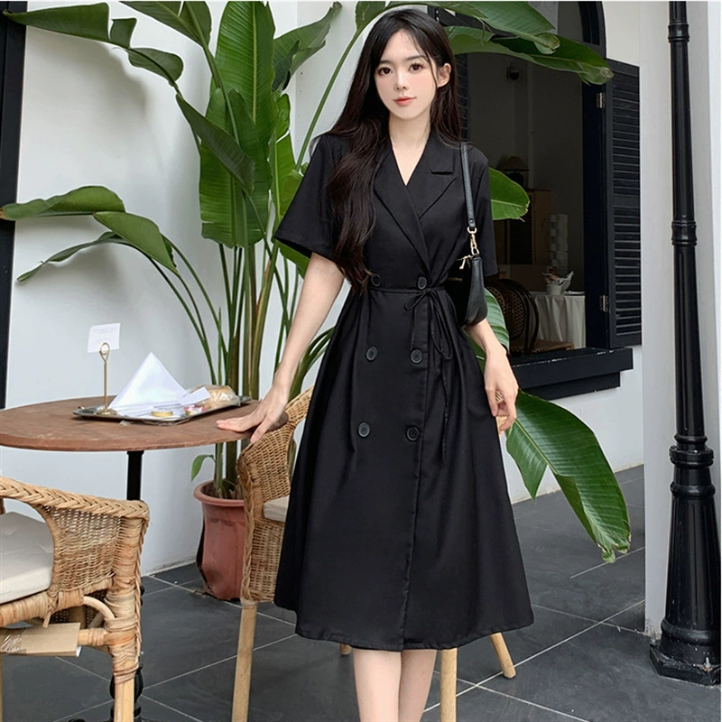 Французский королевский стиль сестры, длинная юбка, костюм, рубашка с лацканами, платье, женская летняя 2022, маленькая черная юбка с талией