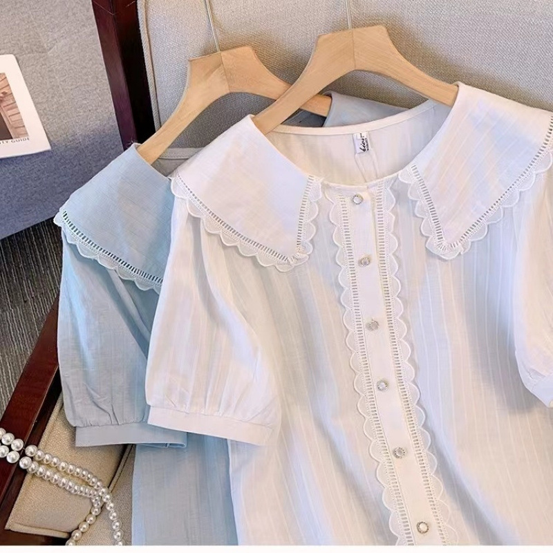 女の子のレースドールカラー半袖シャツ、夏用、韓国風、甘くてゆったりとしたスリムトップス、中型および大型の子供向け|undefined