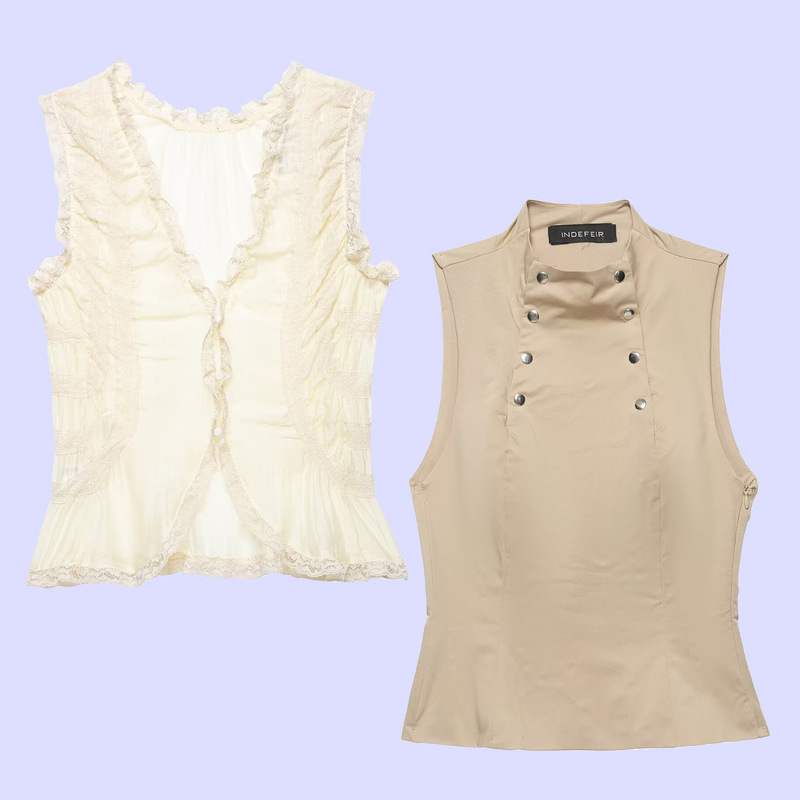 Za Cross-Border Women's Fashion Elegant V-Neck Lace Trim Buttoned Elastic Vest Shirt Top