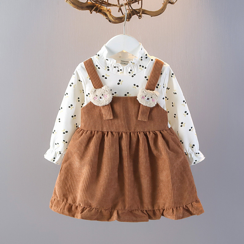 Girls Dress Spring and Autumn 2025 New Children's Long Sleeve Children's Clothes Cute Cherry Bear Suspender Dress